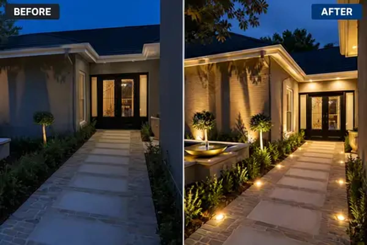 A lighting concept for the Forrest front entry, shown before and after. Before: the path and front doors at dusk with almost no garden lighting. After: the entry with standard trees uplit, lights set into the paving and a lit water bowl. An edited image based on our photo of this garden