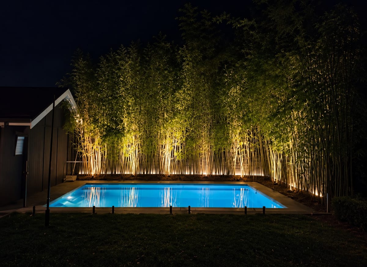 A lighting concept for a pool at night: the bamboo screen uplit from the ground with a soft strip of light along its base, behind the water. An edited image based on our photo of this pool