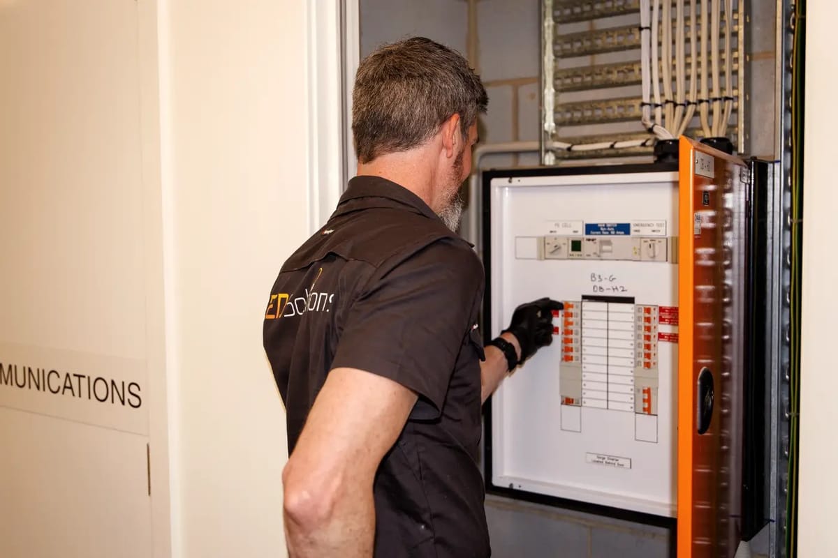 Kieran from LED Solutions working on a building switchboard